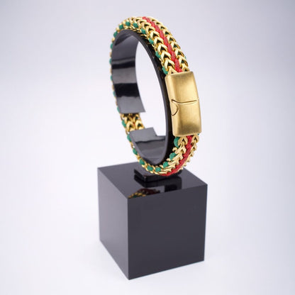 Matte Finish Steel Box Chain with Red and Green Wax Cord Bracelet