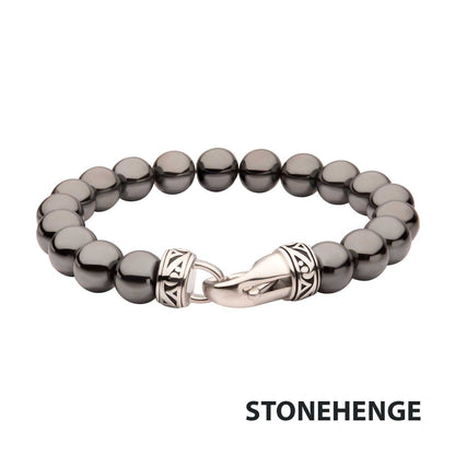 Men's 10mm Hematite Stone Bead Bracelet with Antiqued Stainless Steel Clasp