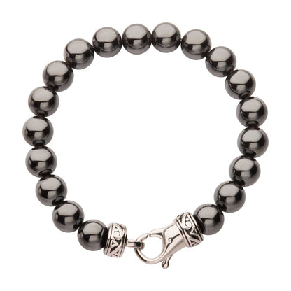 Men's 10mm Hematite Stone Bead Bracelet with Antiqued Stainless Steel Clasp