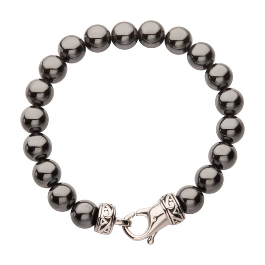 Men's 10mm Hematite Stone Bead Bracelet with Antiqued Stainless Steel Clasp