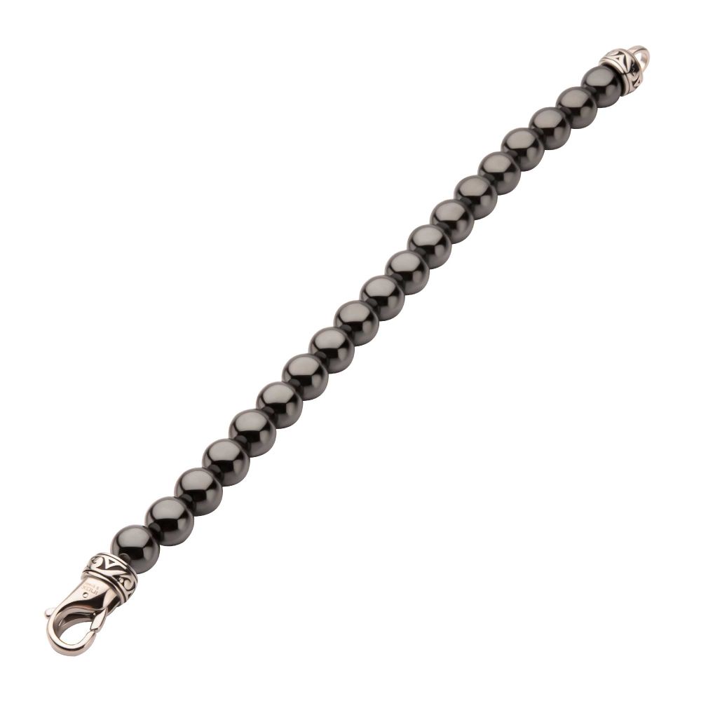 Men's 10mm Hematite Stone Bead Bracelet with Antiqued Stainless Steel Clasp