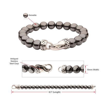 Men's 10mm Hematite Stone Bead Bracelet with Antiqued Stainless Steel Clasp