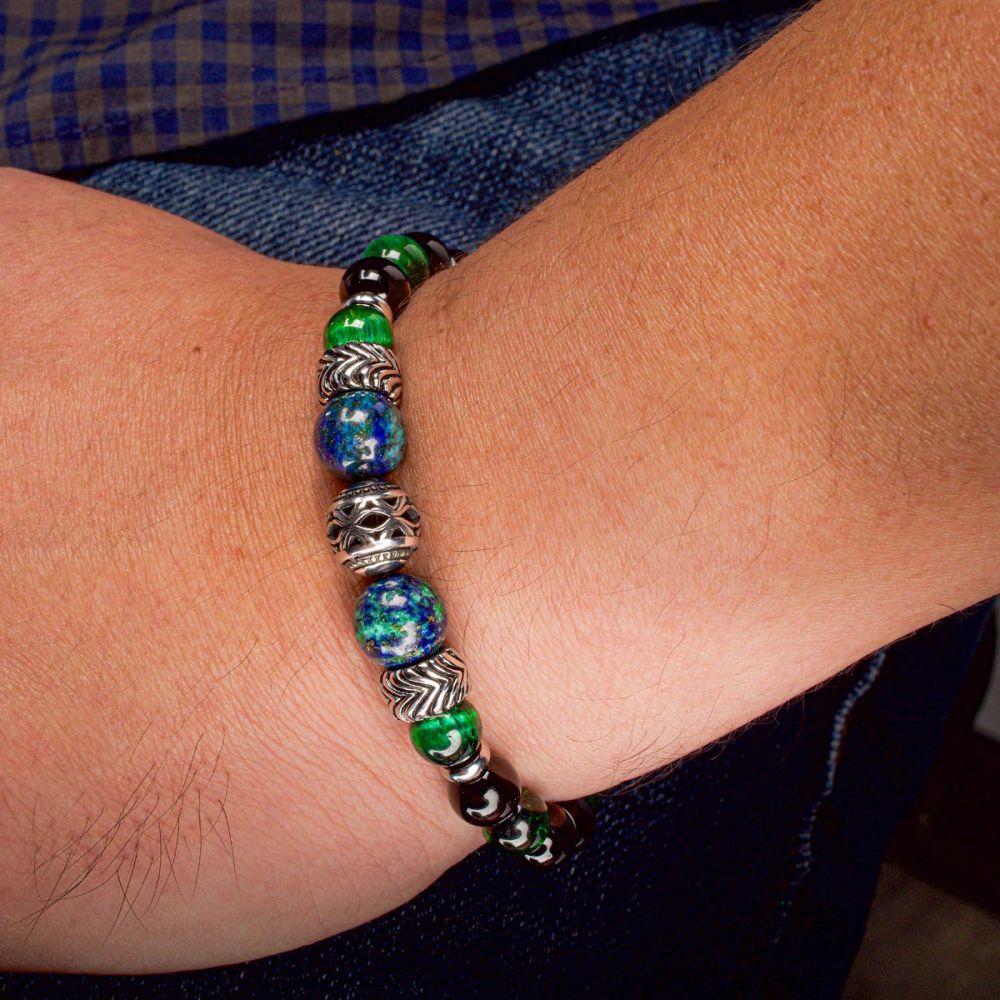 Men's Black Onyx, Green Tiger Eye & Lapis Lazuli Stone Bracelet