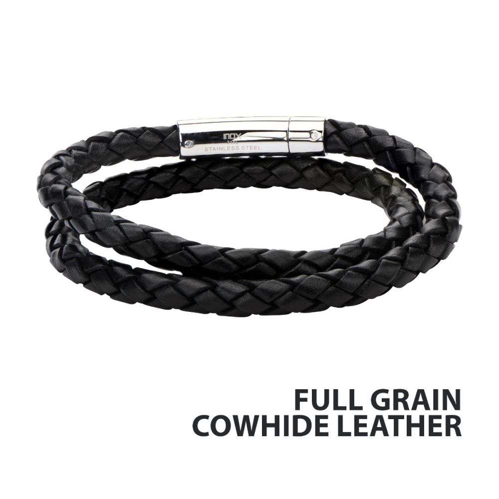 Men's Double Round Black Braided Full Grain Cowhide Leather Bracelet with Tubular Press Clasp-6mm