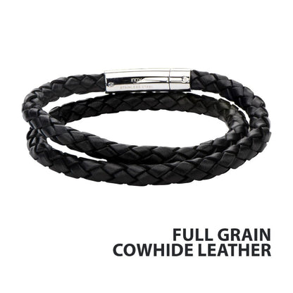 Men's Double Round Black Braided Full Grain Cowhide Leather Bracelet with Tubular Press Clasp-6mm