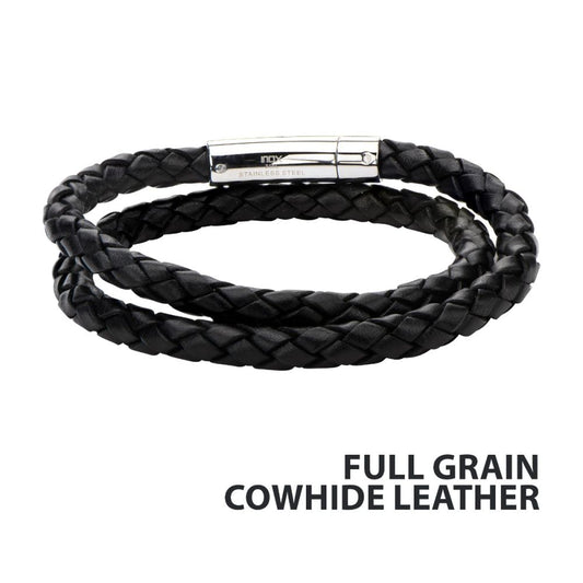 Men's Double Round Black Braided Full Grain Cowhide Leather Bracelet with Tubular Press Clasp-6mm