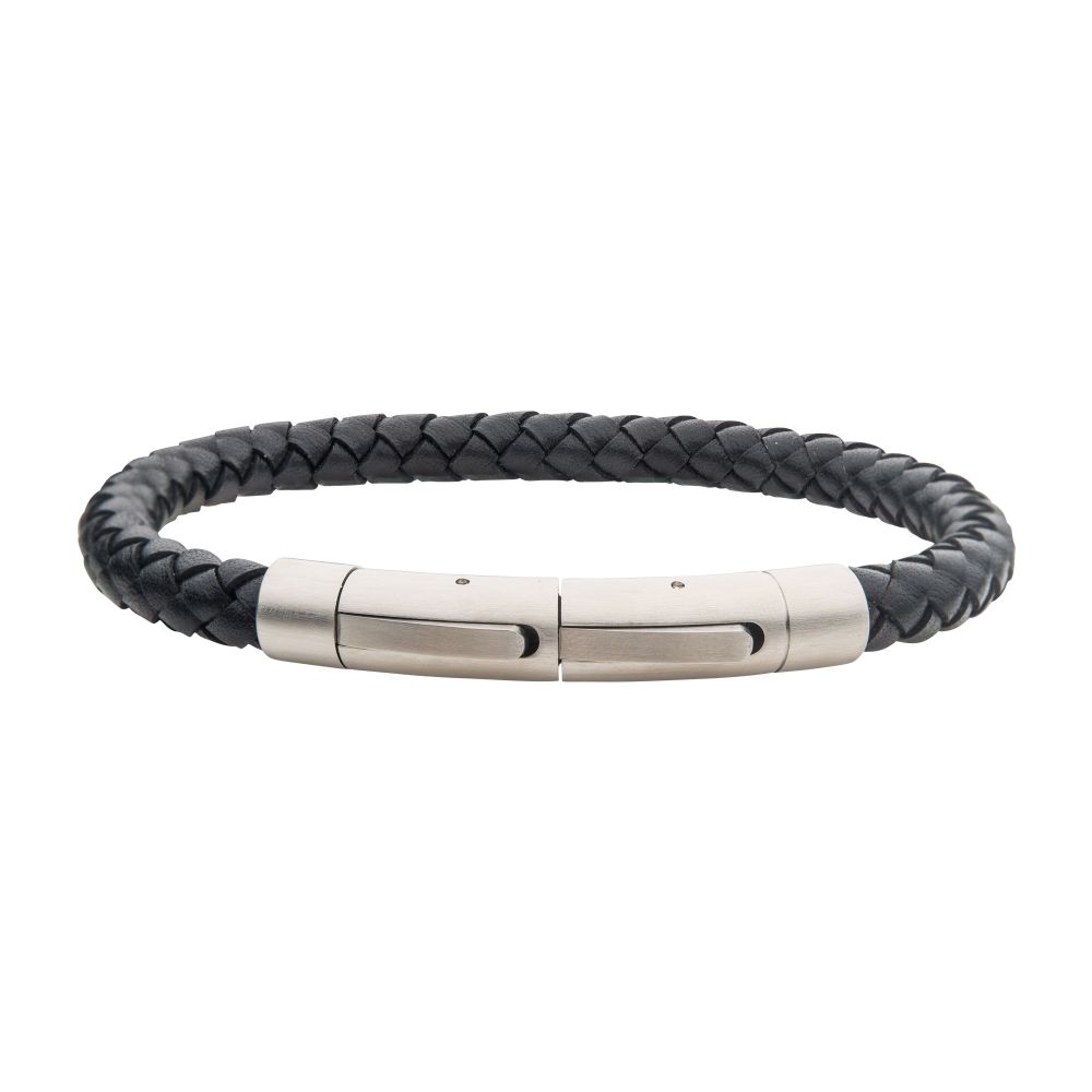 Men's Cowhide Leather Bracelet with Brushed Tubular Press Clasp - Self-Adjustable Link