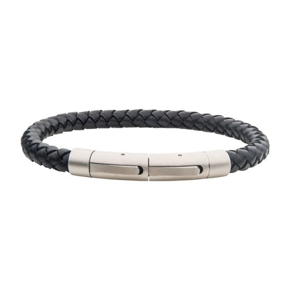 Men's Cowhide Leather Bracelet with Brushed Tubular Press Clasp - Self-Adjustable Link