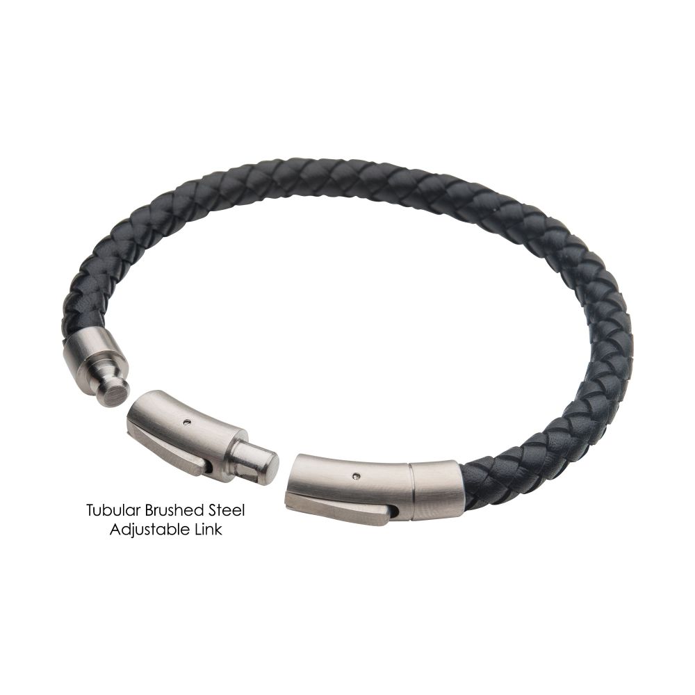 Men's Cowhide Leather Bracelet with Brushed Tubular Press Clasp - Self-Adjustable Link