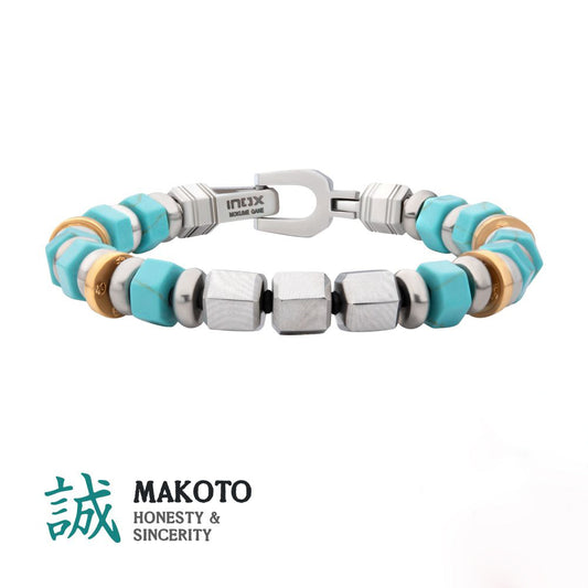 Men's 8mm Mokume Gane and Turquoise Beads Bushido Virtue Bracelet 8mm - MAKOTO: Honesty and Sincerity