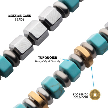 Men's 8mm Mokume Gane and Turquoise Beads Bushido Virtue Bracelet 8mm - MAKOTO: Honesty and Sincerity