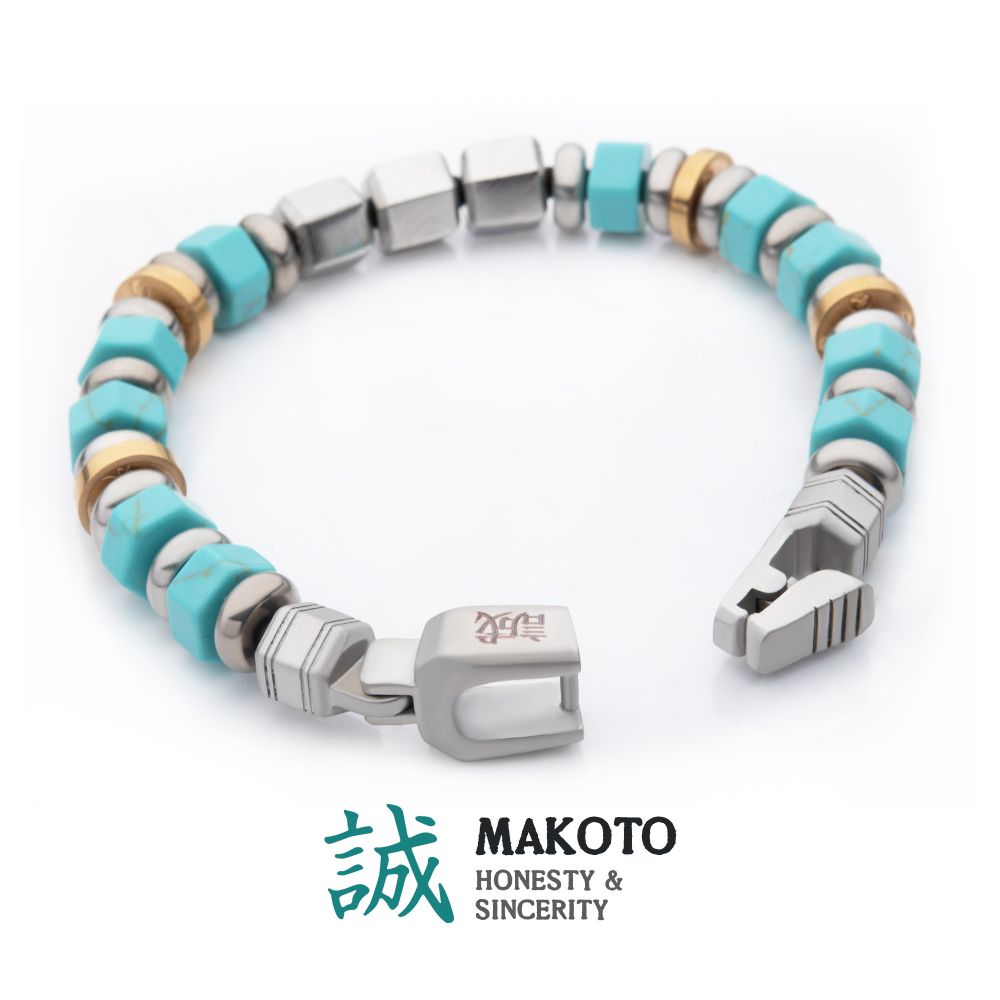 Men's 8mm Mokume Gane and Turquoise Beads Bushido Virtue Bracelet 8mm - MAKOTO: Honesty and Sincerity