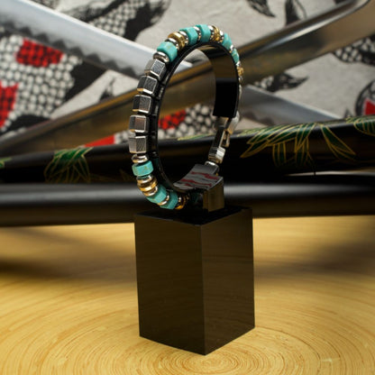 Men's 8mm Mokume Gane and Turquoise Beads Bushido Virtue Bracelet 8mm - MAKOTO: Honesty and Sincerity