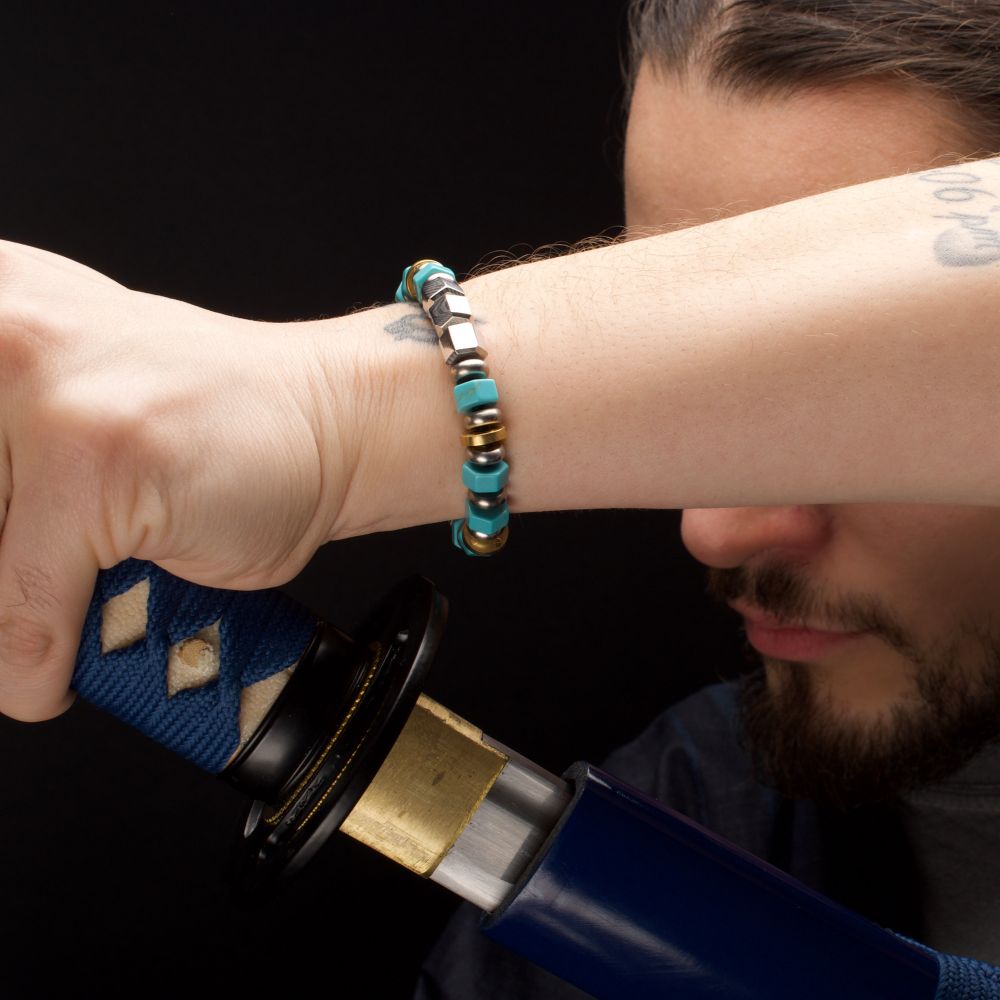 Men's 8mm Mokume Gane and Turquoise Beads Bushido Virtue Bracelet 8mm - MAKOTO: Honesty and Sincerity