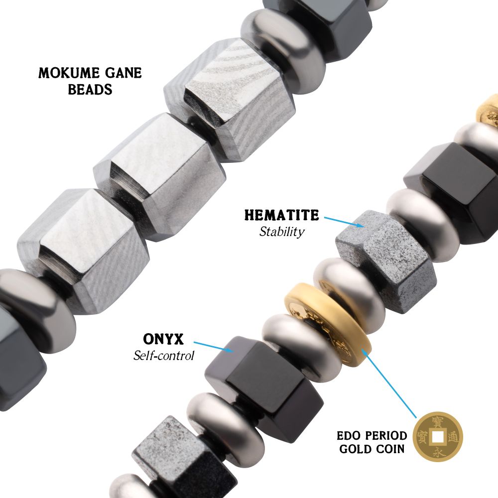 Men's 8mm Mokume Gane, Hematite and Onyx Beads Bushido Virtue Bracelet 8mm -  RONIN: Self-Control