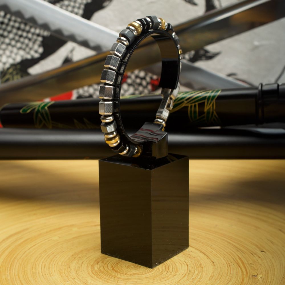 Men's 8mm Mokume Gane, Hematite and Onyx Beads Bushido Virtue Bracelet 8mm -  RONIN: Self-Control