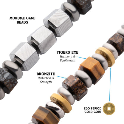 Men's 8mm Mokume Gane, Bronzite and Tiger's Eye Beads Bushido Virtue Bracelet.- GI: Integrity