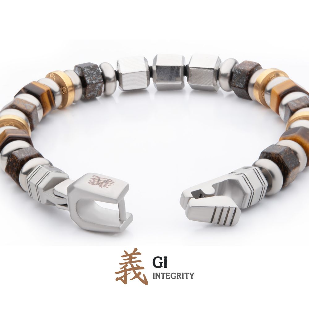 Men's 8mm Mokume Gane, Bronzite and Tiger's Eye Beads Bushido Virtue Bracelet.- GI: Integrity