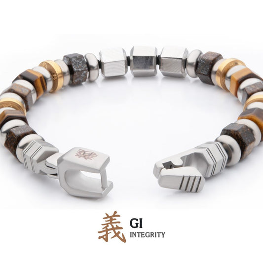 Men's 8mm Mokume Gane, Bronzite and Tiger's Eye Beads Bushido Virtue Bracelet.- GI: Integrity