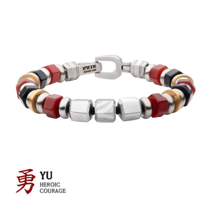 Men's Mokume Gane, Red Agate and Onyx Beads Bushido Virtue Bracelet 8mm- YU: Heroic Courage