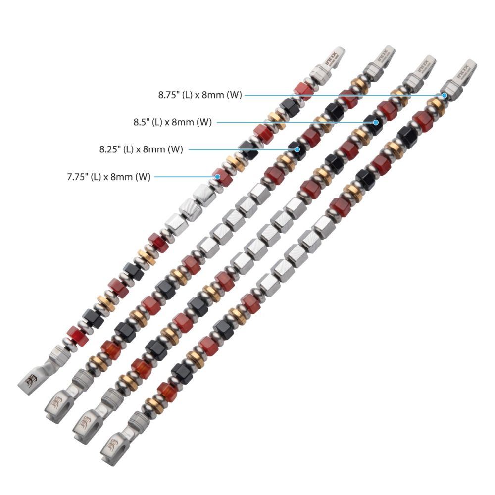 Men's Mokume Gane, Red Agate and Onyx Beads Bushido Virtue Bracelet 8mm- YU: Heroic Courage