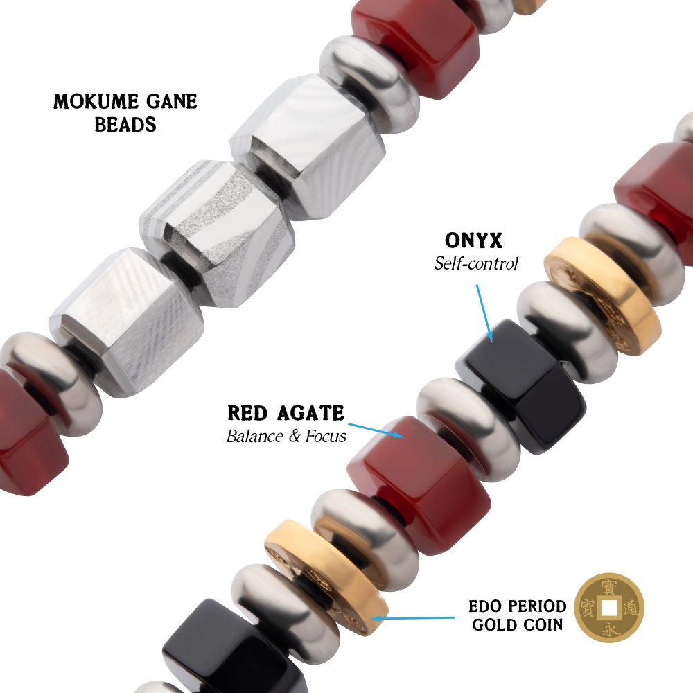 Men's Mokume Gane, Red Agate and Onyx Beads Bushido Virtue Bracelet 8mm- YU: Heroic Courage