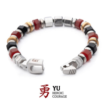 Men's Mokume Gane, Red Agate and Onyx Beads Bushido Virtue Bracelet 8mm- YU: Heroic Courage