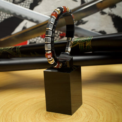 Men's Mokume Gane, Red Agate and Onyx Beads Bushido Virtue Bracelet 8mm- YU: Heroic Courage