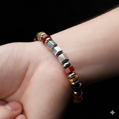 Men's Mokume Gane, Red Agate and Onyx Beads Bushido Virtue Bracelet 8mm- YU: Heroic Courage