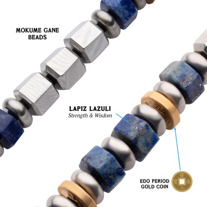 Men's Mokume Gane and Lapis Lazuli Beads Bushido Virtue Bracelet 8mm- MEIYO: Honor