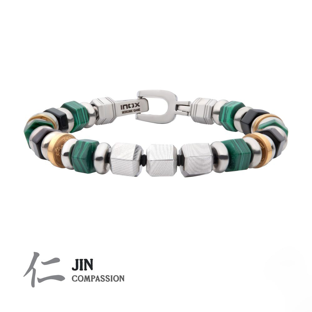 Men's Mokume Gane, Malachite and Onyx Beads Bushido Virtue Bracelet 8mm  - JIN: Compassion