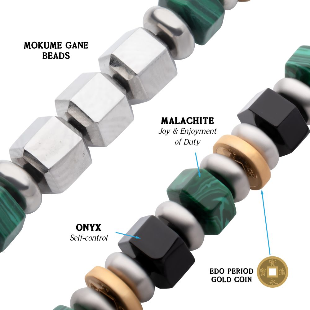 Men's Mokume Gane, Malachite and Onyx Beads Bushido Virtue Bracelet 8mm  - JIN: Compassion