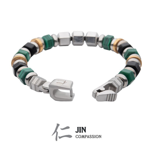 Men's Mokume Gane, Malachite and Onyx Beads Bushido Virtue Bracelet 8mm  - JIN: Compassion