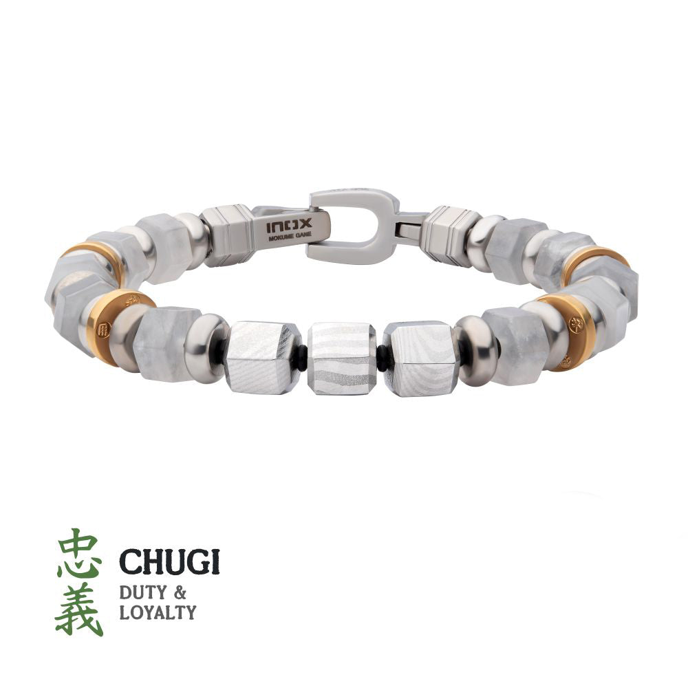 Men's 8mm Mokume Gane and White Quartz Beads Bushido Virtue Bracelet 8mm - CHUGI: Duty and Loyalty