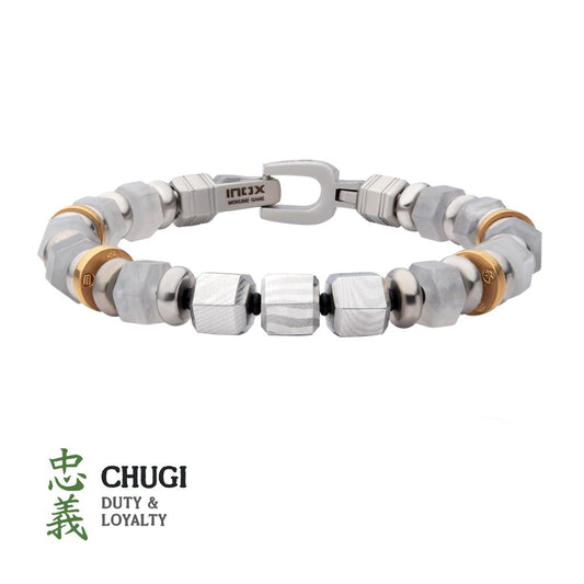 Men's 8mm Mokume Gane and White Quartz Beads Bushido Virtue Bracelet 8mm - CHUGI: Duty and Loyalty