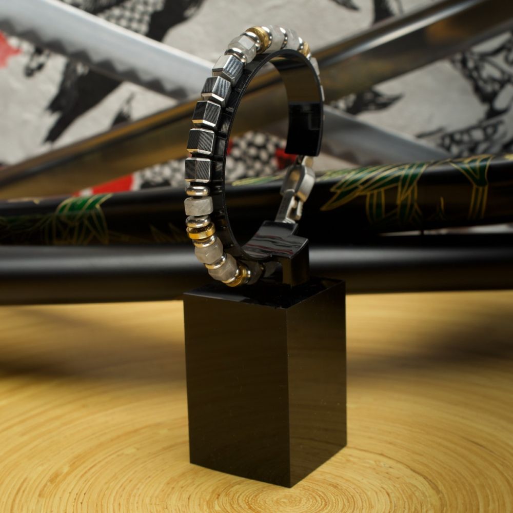 Men's 8mm Mokume Gane and White Quartz Beads Bushido Virtue Bracelet 8mm - CHUGI: Duty and Loyalty