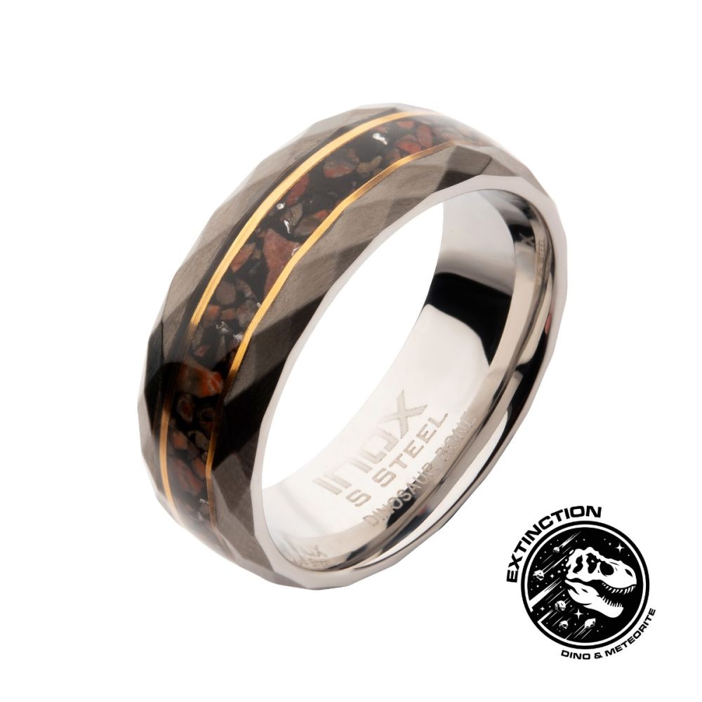 Men's Gun Metal Matte Finish Dinosaur Bone Inlay & Thin Gold Lines Ring