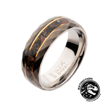 Men's Gun Metal Matte Finish Dinosaur Bone Inlay & Thin Gold Lines Ring