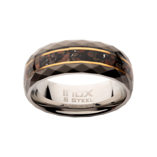 Men's Gun Metal Matte Finish Dinosaur Bone Inlay & Thin Gold Lines Ring