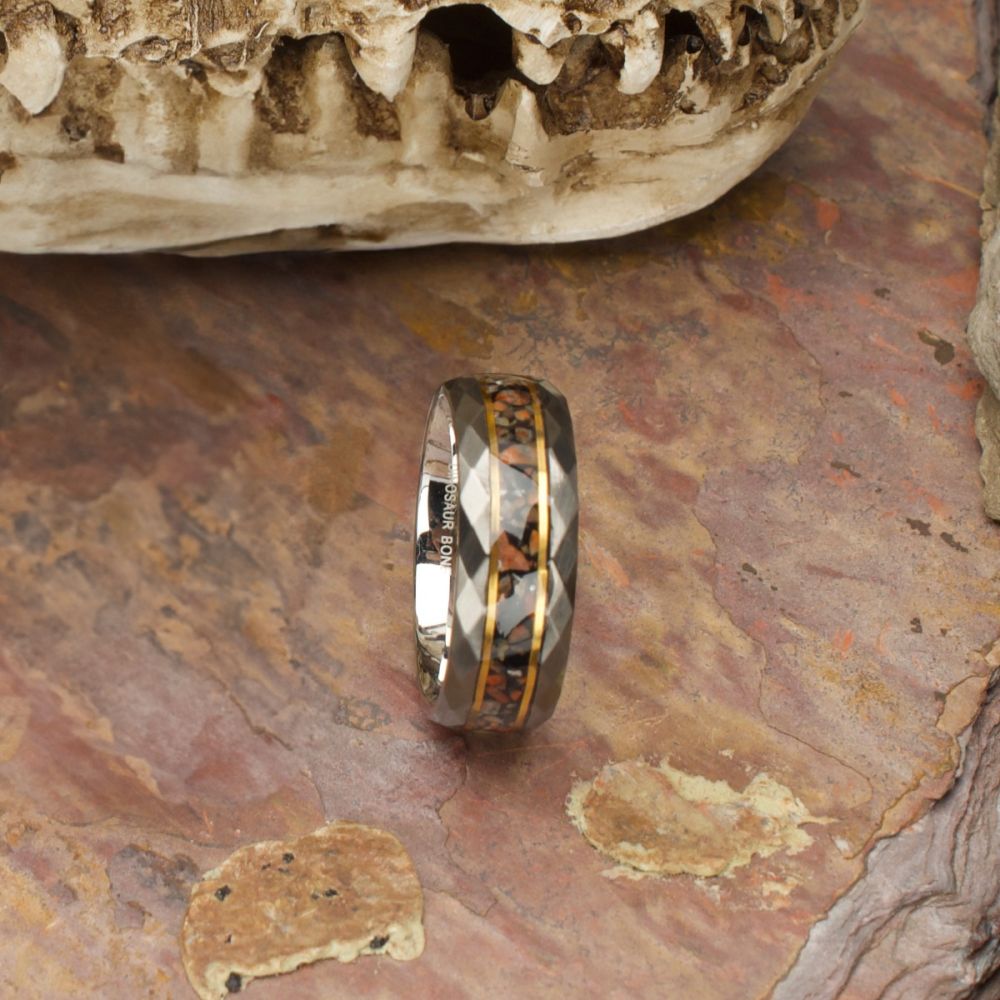 Men's Gun Metal Matte Finish Dinosaur Bone Inlay & Thin Gold Lines Ring