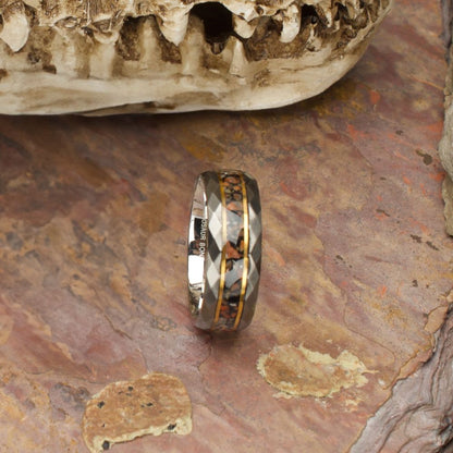 Men's Gun Metal Matte Finish Dinosaur Bone Inlay & Thin Gold Lines Ring