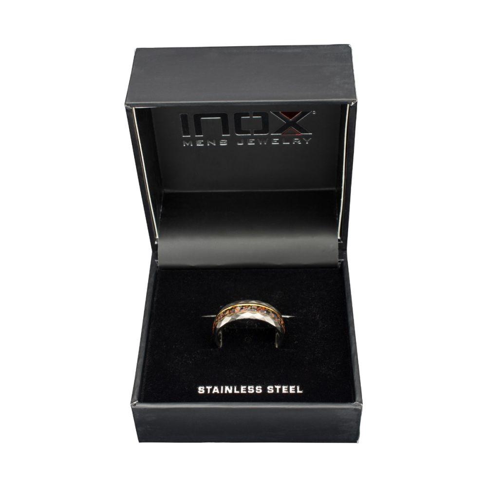Men's Gun Metal Matte Finish Dinosaur Bone Inlay & Thin Gold Lines Ring