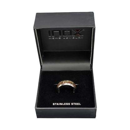Men's Gun Metal Matte Finish Dinosaur Bone Inlay & Thin Gold Lines Ring