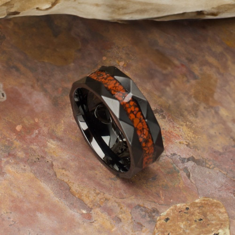 Men's Black with Red Dinosaur Bone Inlay Ring
