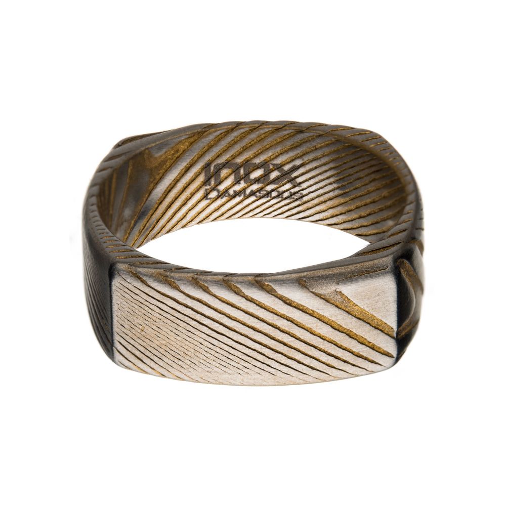 Matte Finish Gold IP Damascus Steel Square Edge Ring