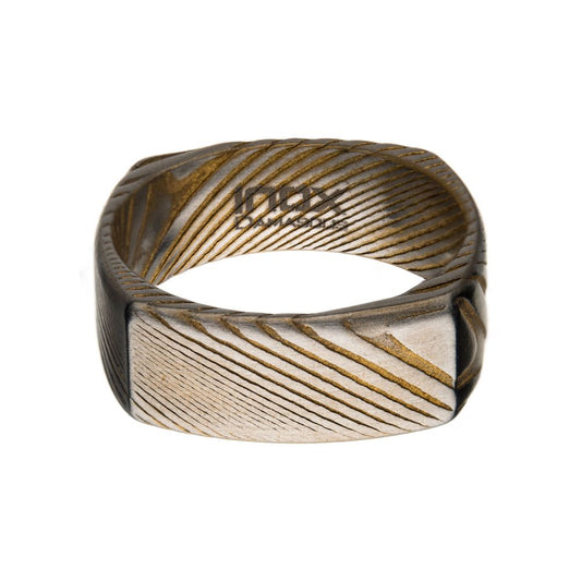 Matte Finish Gold IP Damascus Steel Square Edge Ring