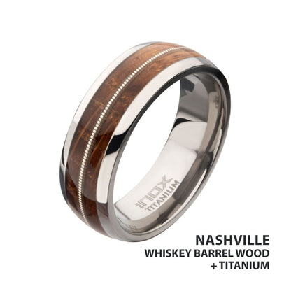 Men's Titanium & Whiskey Barrel Wood Inlay with Embedded Guitar String Comfort Fit Ring