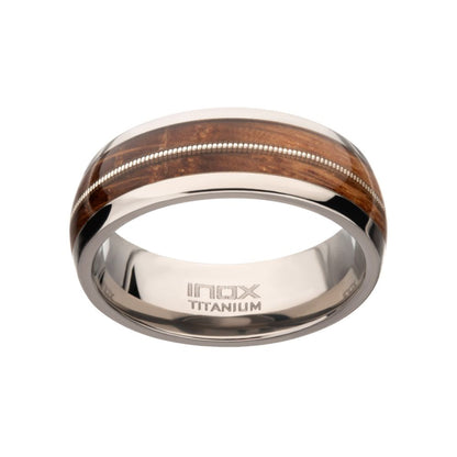 Men's Titanium & Whiskey Barrel Wood Inlay with Embedded Guitar String Comfort Fit Ring