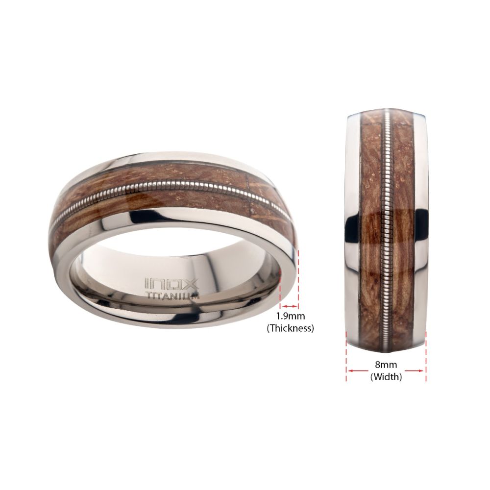 Men's Titanium & Whiskey Barrel Wood Inlay with Embedded Guitar String Comfort Fit Ring
