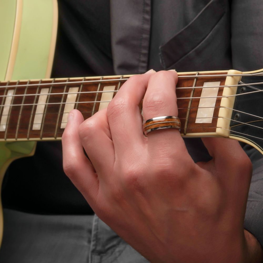 Men's Titanium & Whiskey Barrel Wood Inlay with Embedded Guitar String Comfort Fit Ring